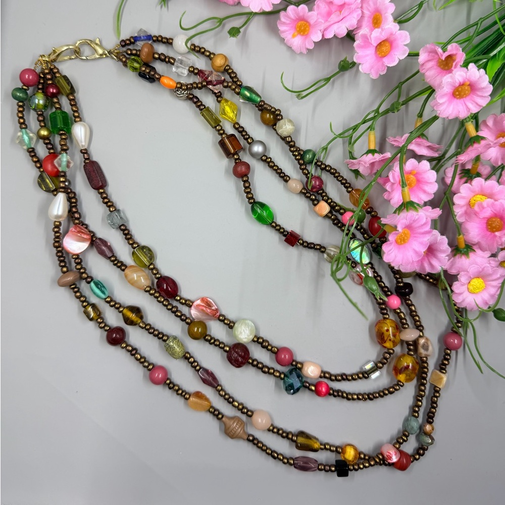 Genuine Abalone Shell, Mother of Pearl, Crystal and Stone Multi Strand Necklace